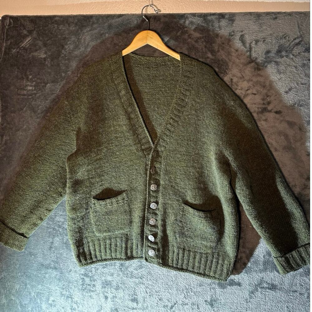 Vtg 1960s Mohair Knit Cardigan Olive Green German Coin Buttons L Kurt Cobain